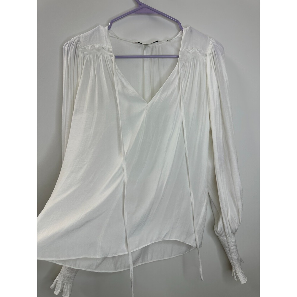 Rebecca Taylor Sateen Tie Neck Smocked Ruffle Cuff Blouse XS Off White Luxury - Picture 8 of 16